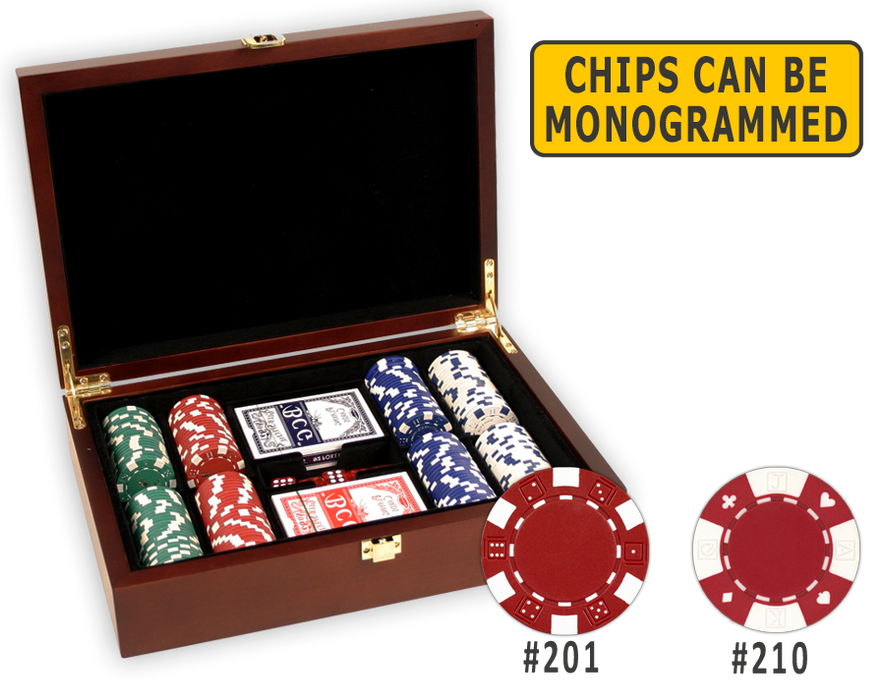 Poker chips set in a wooden mahogany finish and 200 chips