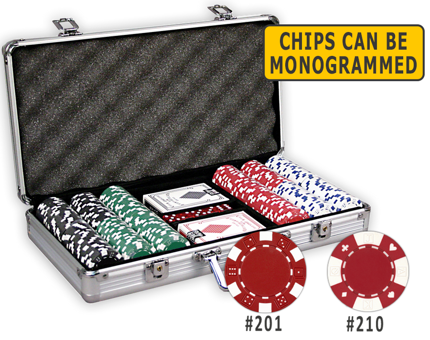 300 poker chips in an aluminum case with cards and dice