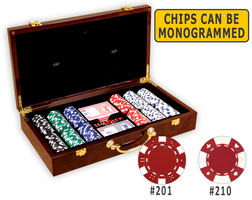 Poker chips set with 300 poker chips in a wood glossy finish case