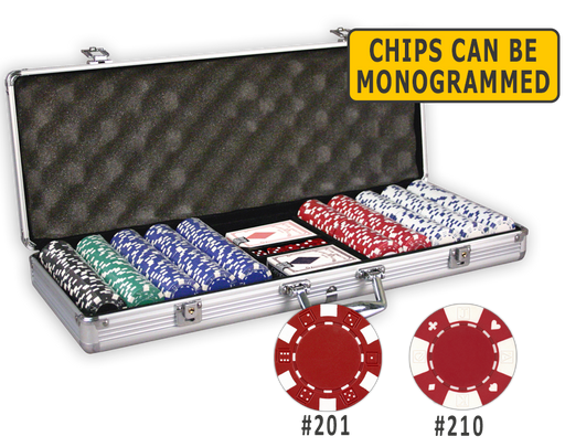 500 poker chips in an aluminum poker chips case with cards and dice