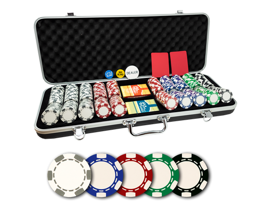 6 Stripe poker chips set with 500 chips in black ABS case and plastic playing cards
