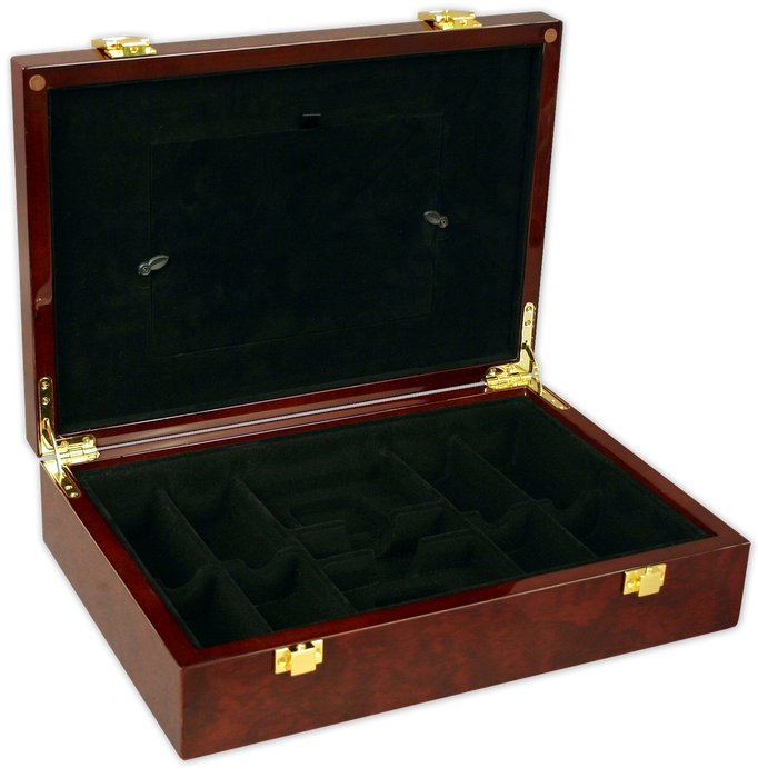 Wood glossy poker chips case with glass fram top and room for 200 poker chips