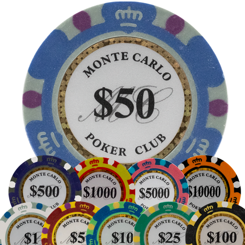 14 gram clay poker chips with Monte Carlo Poker Club logo