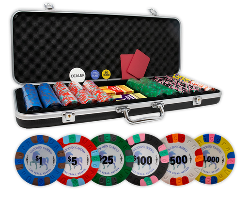 UNICORN CASINO all clay poker chips set in a black ABS case with plastic playing cards