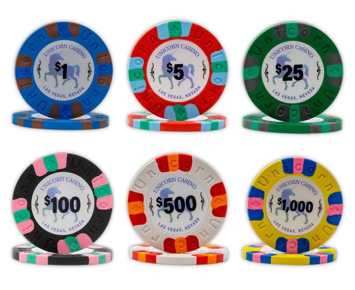 Unicorn Casino clay poker chips set with plastic playing cards in blac