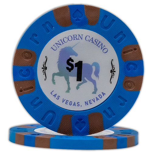 All clay poker chips with Unicorn Casino print - Blue