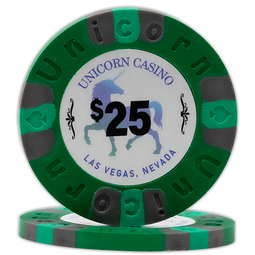 All clay poker chips with Unicorn Casino print - Green