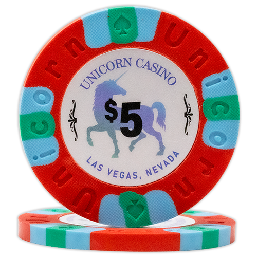 All clay poker chips with Unicorn Casino print - Red