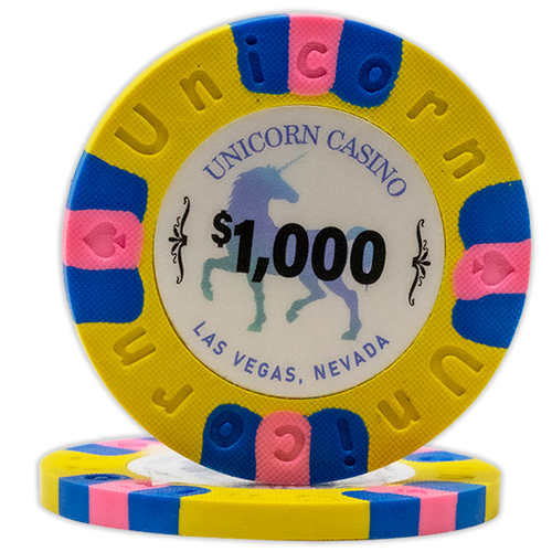 All clay poker chips with Unicorn Casino print - Yellow